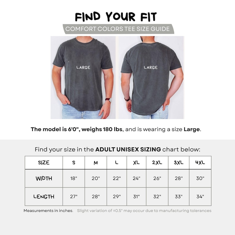 Puede incluir: Una gu&iacute;a de tallas para camisetas unisex Comfort Colors. La gu&iacute;a incluye un modelo que usa una camiseta talla Large, junto con una tabla de tallas que muestra las medidas de ancho y largo en cm para las tallas S a 4XL.