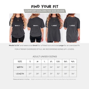 K&ouml;nnte beinhalten: Gr&ouml;&szlig;entabelle f&uuml;r Comfort Colors T-Shirts mit dem Text "FIND YOUR FIT". Die Abbildung zeigt Models in verschiedenen Gr&ouml;&szlig;en und eine Gr&ouml;&szlig;entabelle. Die Tabelle gibt Breiten- und L&auml;ngenma&szlig;e in Zoll an, was etwa 45,7 cm bis 76,2 cm Breite und 68,6 cm bis 86,4 cm L&auml;nge entspricht.