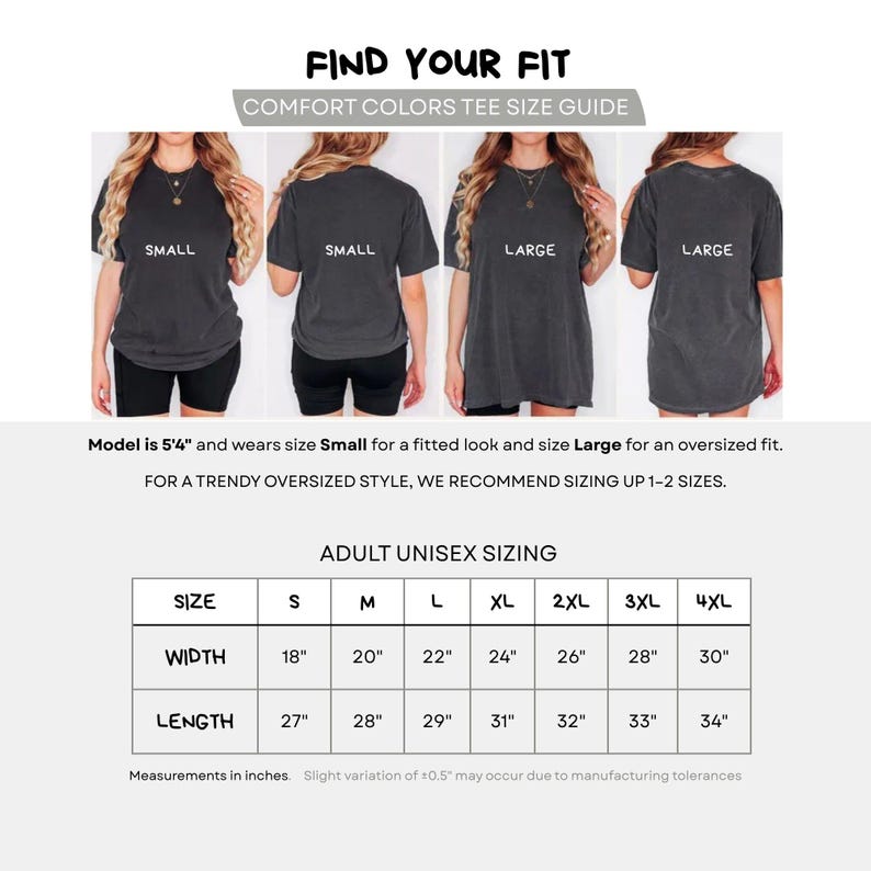 K&ouml;nnte beinhalten: Gr&ouml;&szlig;entabelle f&uuml;r Comfort Colors T-Shirts mit dem Text "FIND YOUR FIT". Die Abbildung zeigt Models in verschiedenen Gr&ouml;&szlig;en und eine Gr&ouml;&szlig;entabelle. Die Tabelle gibt Breiten- und L&auml;ngenma&szlig;e in Zoll an, was etwa 45,7 cm bis 76,2 cm Breite und 68,6 cm bis 86,4 cm L&auml;nge entspricht.
