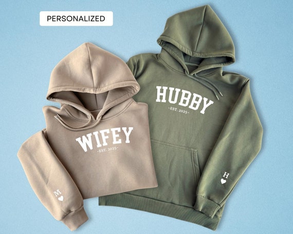 Felpe con cappuccio con data e iniziale per moglie e marito, felpa