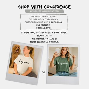 K&ouml;nnte beinhalten: Werbung mit dem Text &bdquo;SHOP WITH CONFIDENCE&ldquo; und &bdquo;HAPPINESS GUARANTEED&ldquo;. Das Bild enth&auml;lt zwei Fotos im Polaroid-Stil von Personen, die &bdquo;boy mom&ldquo;-T-Shirts tragen. Ein Foto zeigt eine Frau mit einem Hund, das andere zeigt eine Frau, die ein Selfie macht.
