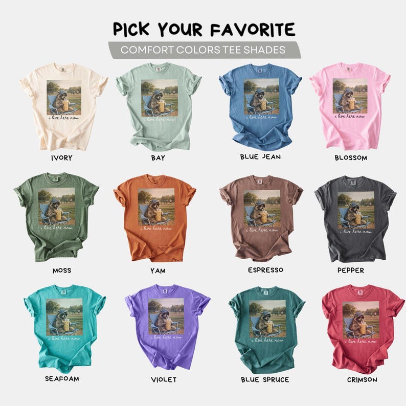 K&ouml;nnte beinhalten: Eine Auswahl an Comfort Colors T-Shirts in verschiedenen Farbt&ouml;nen, darunter Elfenbein, Bay, Blue Jean und Blossom. Jedes Shirt zeigt eine Grafik eines Hundes in einem Stuhl mit dem Text "I live here now".