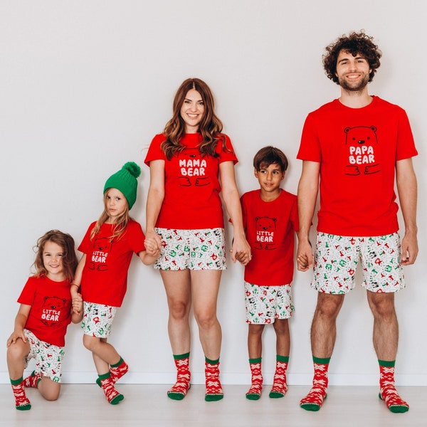 Family Christmas Pajamas, Matching Christmas Pjs Family, Holiday Xmas Jammies, Red Short Sleeve Pyjamas, Matching Bear Pjs, Mama Papa Bear