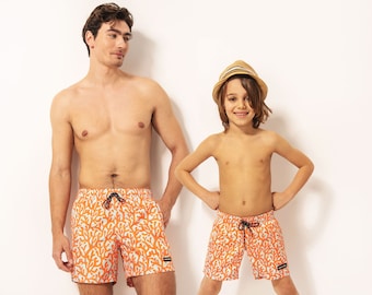 Maillot de bain père fils assorti, maillots de bain papa et moi corail, maillots de bain papa et fille, maillot de bain papa cadeau fête des pères, cadeau papa de son fils