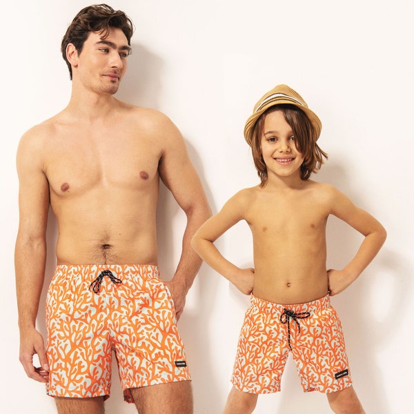 Father Son Matching Swim Trunks, Daddy And Me Coral Swimwear,Dad And Daughter Swimsuits, Dad Swim Trunks Fathers Day Gift, Dad Gift From Son