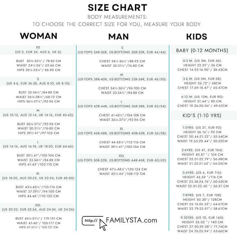 May include: Size chart for women, men, and children's clothing with measurements in inches and centimeters. The chart includes sizes for tops and bottoms, as well as bust, waist, and hip measurements. The chart also includes a website address for Familysta.com.