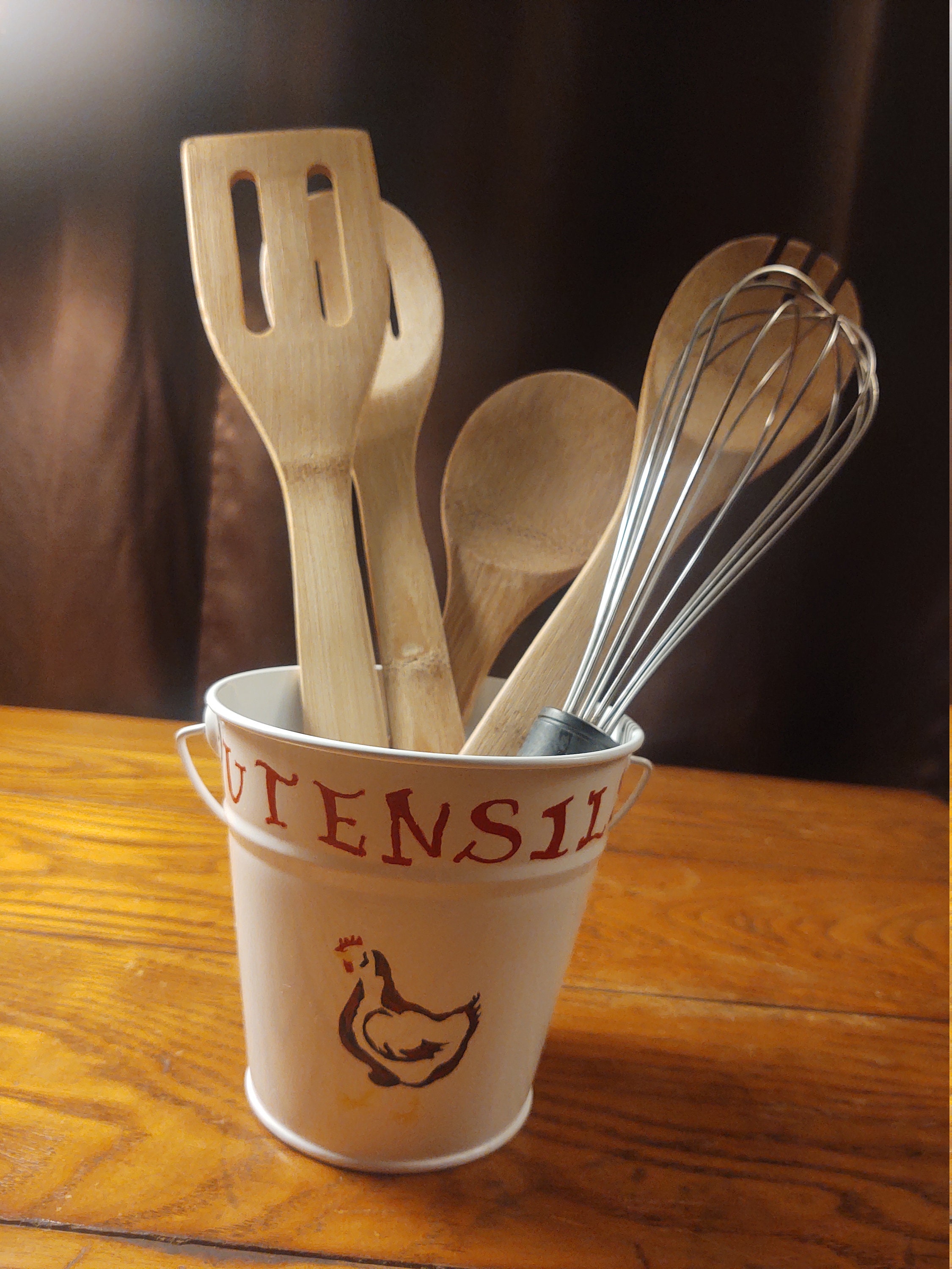 Metal Bucket Utensil Holder Hand Painted Farmhouse Decor Etsy