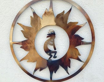 Kokopelli And Sun, Metal Art - HEAT COLORED, 23.5" (60 cm)