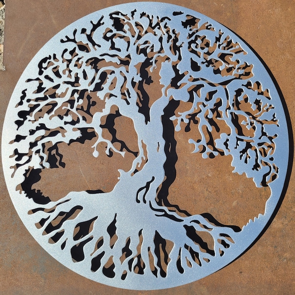 Arbre de vie, oeuvre d'art murale en métal, 90 cm de diamètre (36 pouces), argent, excellent cadeau d'art mural à suspendre pour la maison !