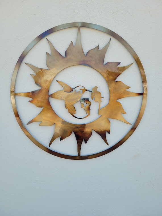 Heat Colored Metal Wall Art: Hummingbird and Sun, 40"