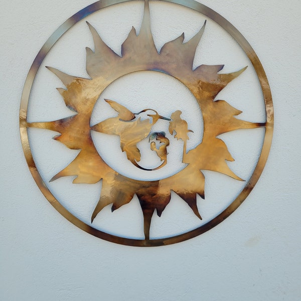 Großer Kolibri und Sonne, Metall Wandkunst - HEAT COLORED, 40" (100 cm), Tolles Erntedank- und Weihnachtsgeschenk!