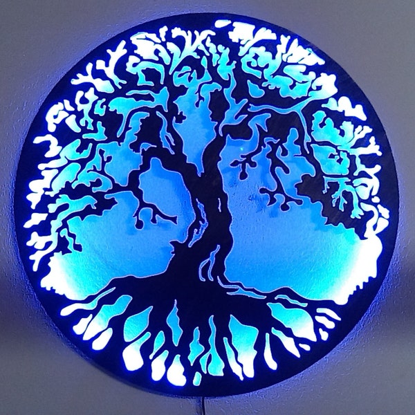 Arbre de vie, oeuvre d'art en métal - Lampe murale d'art en métal avec lumières LED, décoration murale, 23,5 pouces, excellent cadeau d'art mural à suspendre pour la maison !