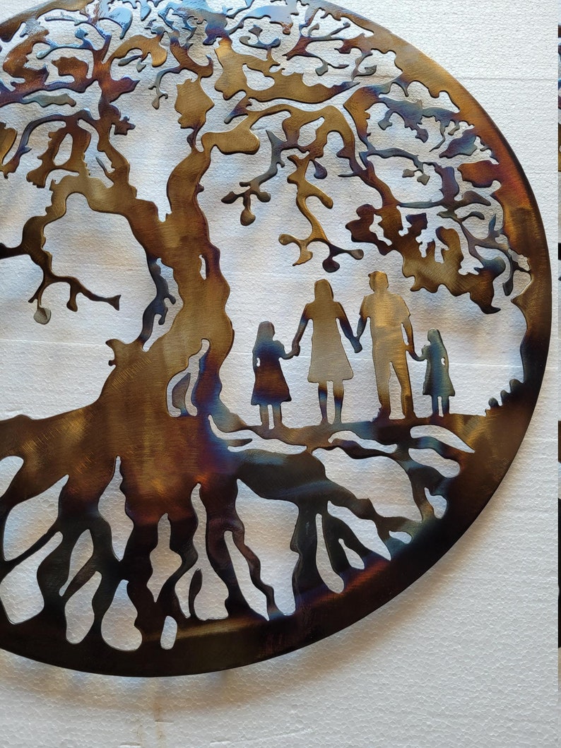 Arbre de vie, famille de 4 personnes, filles, art en métal excellent cadeau d'art mural à suspendre, couleur chaleur, 23,5 60 cm image 2