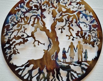 Arbre de vie, famille de 4 personnes, filles, art en métal – excellent cadeau d'art mural à suspendre, couleur chaleur, 23,5" (60 cm)