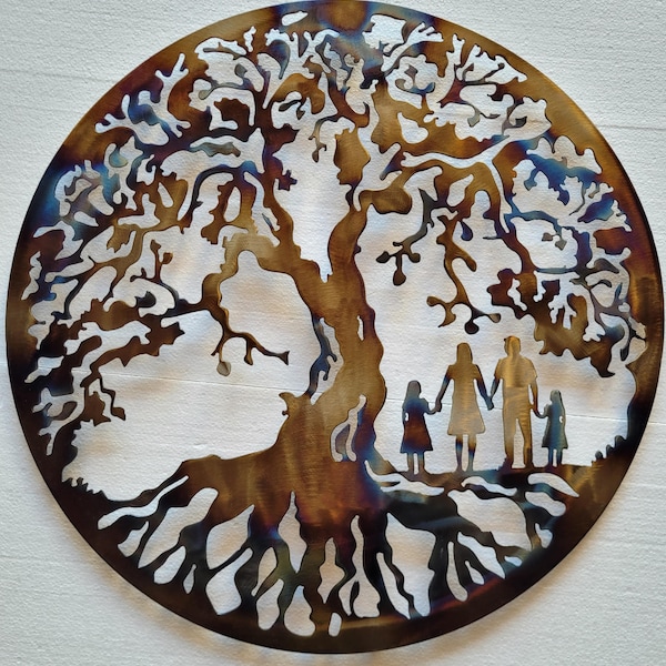 Árbol de la vida, familia de 4 personas, HIJAS, arte en metal: gran regalo de arte de pared para colgar en el hogar, COLOR CALOR, 23,5" (60 cm)