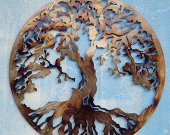 Heat Colored Metal Tree of Life Wall Art - 80cm Round Decor