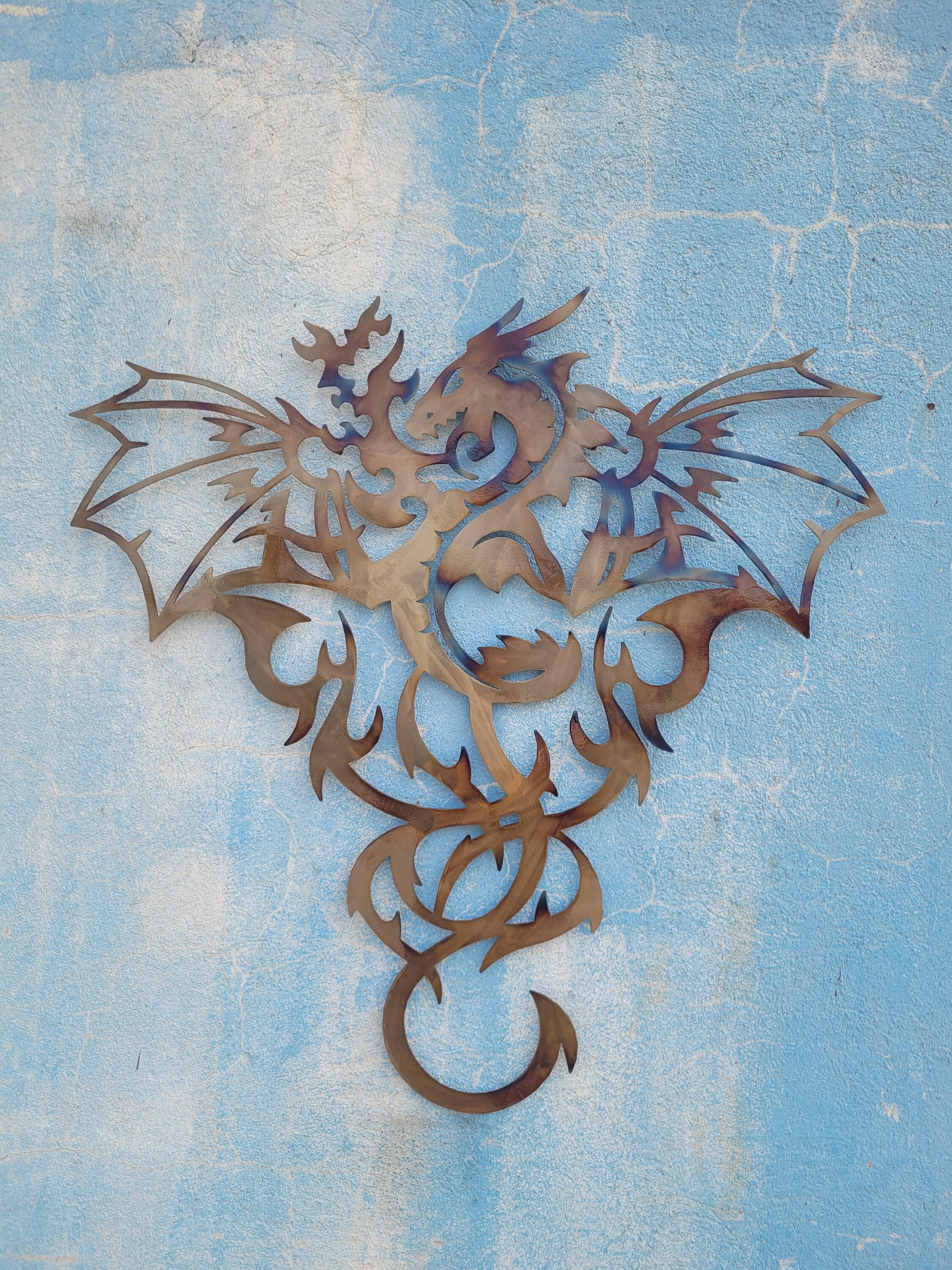 Drachen-Metallkunst - HEAT COLORED, 90 cm hoch