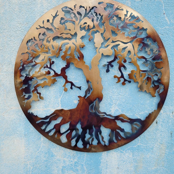 Arbre de vie, oeuvre d'art en métal - COULEUR CHALEUREUX, 23,5 po. (60 cm), excellent cadeau d'anniversaire d'art mural à accrocher