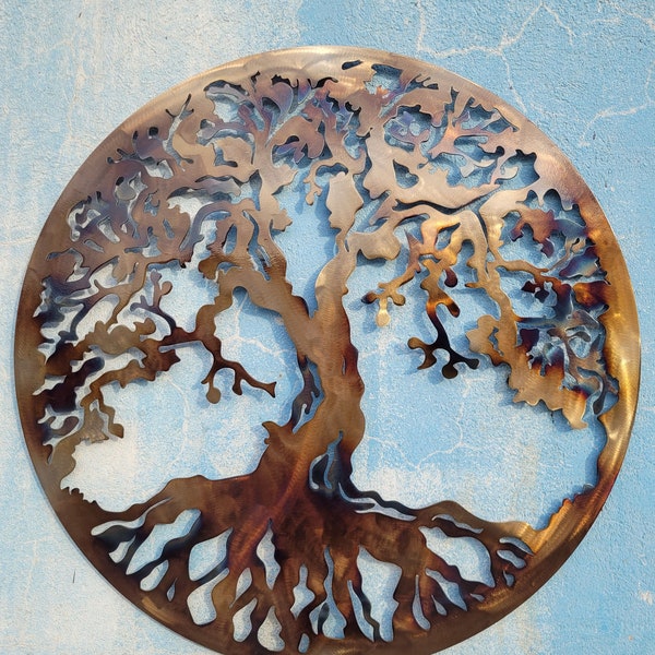 Arbre de vie, art en métal – couleur chaleur, 90 cm de diamètre (36 pouces), excellent cadeau d'art mural à suspendre pour la maison