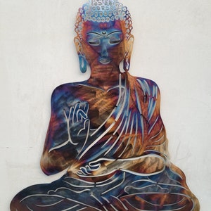 Décoration murale bouddha en métal colorée à chaud : décoration de studio de yoga (100 cm de haut)