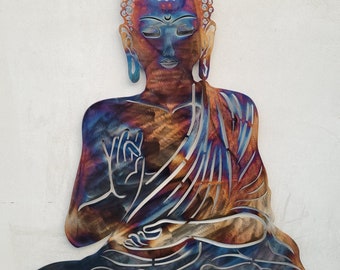 Decorazione murale in metallo raffigurante Buddha colorato: decorazione per studio yoga (altezza 100 cm)