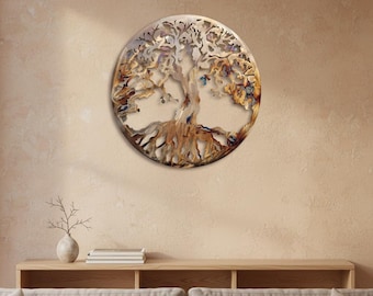 Rustieke muurkunst levensboom van metaal: warmtegekleurd lasergesneden decor (23,5")