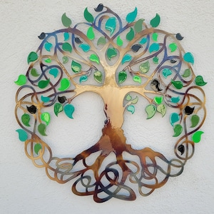 Celtic Tree of Life Metal Wall Art: Green Leaf Decor (16 inch)