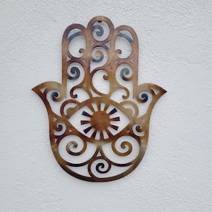 Hamsa Hand Metal Wall Art: Heat Colored Steel Protective Decor
