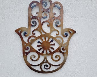 Hamsa Hand Metal Wall Art: Heat Colored Steel Protective Decor