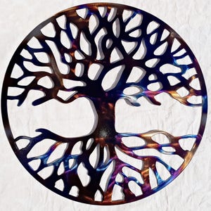 Round Tree Of Life Metal Art, 60 cm Diameter Tree Of Life Sign, Metal Wall Decor, Tree Of Life Wall Hanging, Bedroom Wall Art, Heat Colored