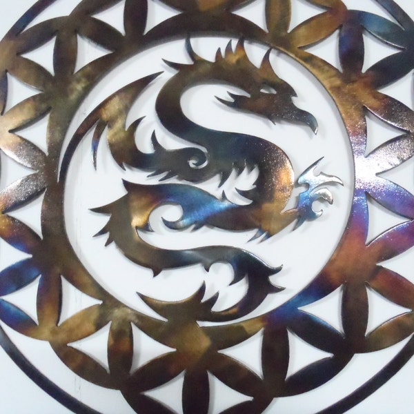 Round Dragon Design, Metal Art - HEAT COLORED, 23.5" (60 cm)
