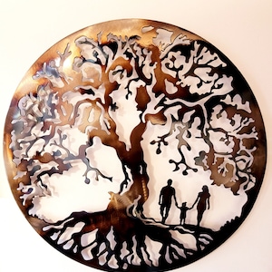 Tree Of Life, Family of 3, Little Girl, Metal Wall Art Decor- HEAT COLORED, 23.5" (60 cm)