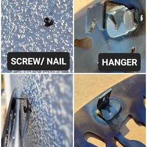 May include: Close-up of four different ways to hang a metal wall decor. The first image shows a screw or nail in a wall. The second image shows a metal hanger on the back of the decor. The third image shows the decor hanging on a wall with a screw or nail. The fourth image shows a metal spacer on the back of the decor.