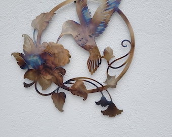 Heat Colored Hummingbird Metal Wall Art - Floral Spring Decor