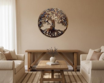 Hittegekleurde metalen Levensboom wanddecoratie - 80 cm rond