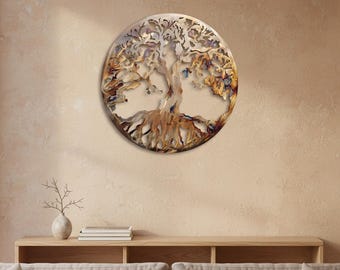 Hittegekleurde metalen muurkunst levensboom - rond bord 27,5"