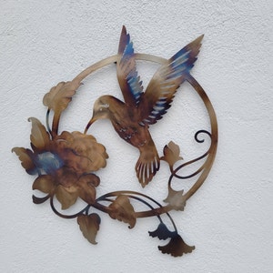 Heat Colored Hummingbird Metal Wall Art - 36 inch Flower Wall Hanging