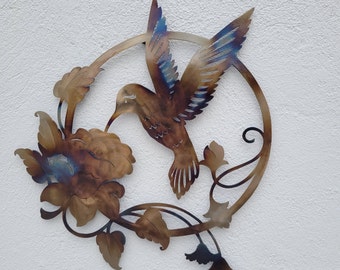 Heat Colored Hummingbird Metal Wall Art - 36 inch Flower Wall Hanging