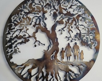 Tree Of Life, Familie van 4 leden, Metal Art - Great Home Hangende Muurkunst, WARMTE GEKLEURD, 40" (100 cm)