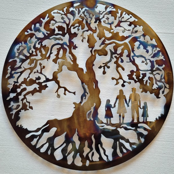 Tree Of Life, Family of 4,  DAUGHTERS, Metal Art - HEAT COLORED, 36" (90 cm), Great Christmas gift!