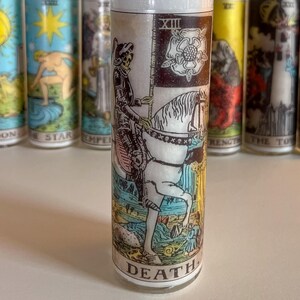 Death Tarot Candle | 13th Major Arcana | Divination | Grim Reaper | Rebirth | Death-Rebirth | Scythe | Scorpio Tarot | 8&quot; Unscented White