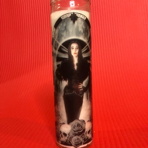 Prayer Candle of Morticia Addams 8&quot; Unscented White Candle