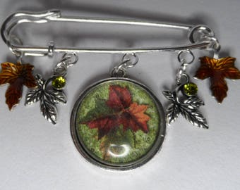 Autumn Kilt Pin, Free Shipping, Photo Charm of Leaves, Enamel Amber And Silver Maple Leaves. Great Gift For Her.