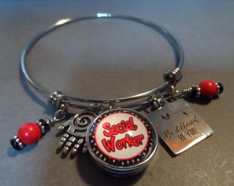 Social Worker Bangle Bracelet,Free Shipping,Photo Snap of Social Worker,Stainless Steel"Be Different Be You"Hand Charms,Red Beads Great Gift