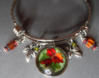 Leaf Charm Bangle Bracelet: Stainless Steel, Rhinestone Accents