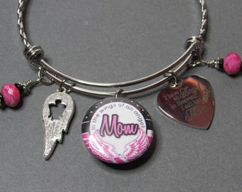 Mom Memorial Bangle Bracelet: Angel Wing Charm, Stainless Steel