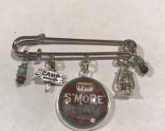Camp Kilt Pin,Free Shipping,Photo Charm of "Smore Please" Lantern and Camp Sign Brown and Green Beads. Great Gift For A Camper.