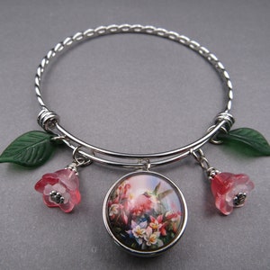 Hummingbird Bangle Bracelet,Free Shipping,Photo Snap of Hummingbird,Red White Flower ,Green Lutice Leaf Beads.Great Gift.