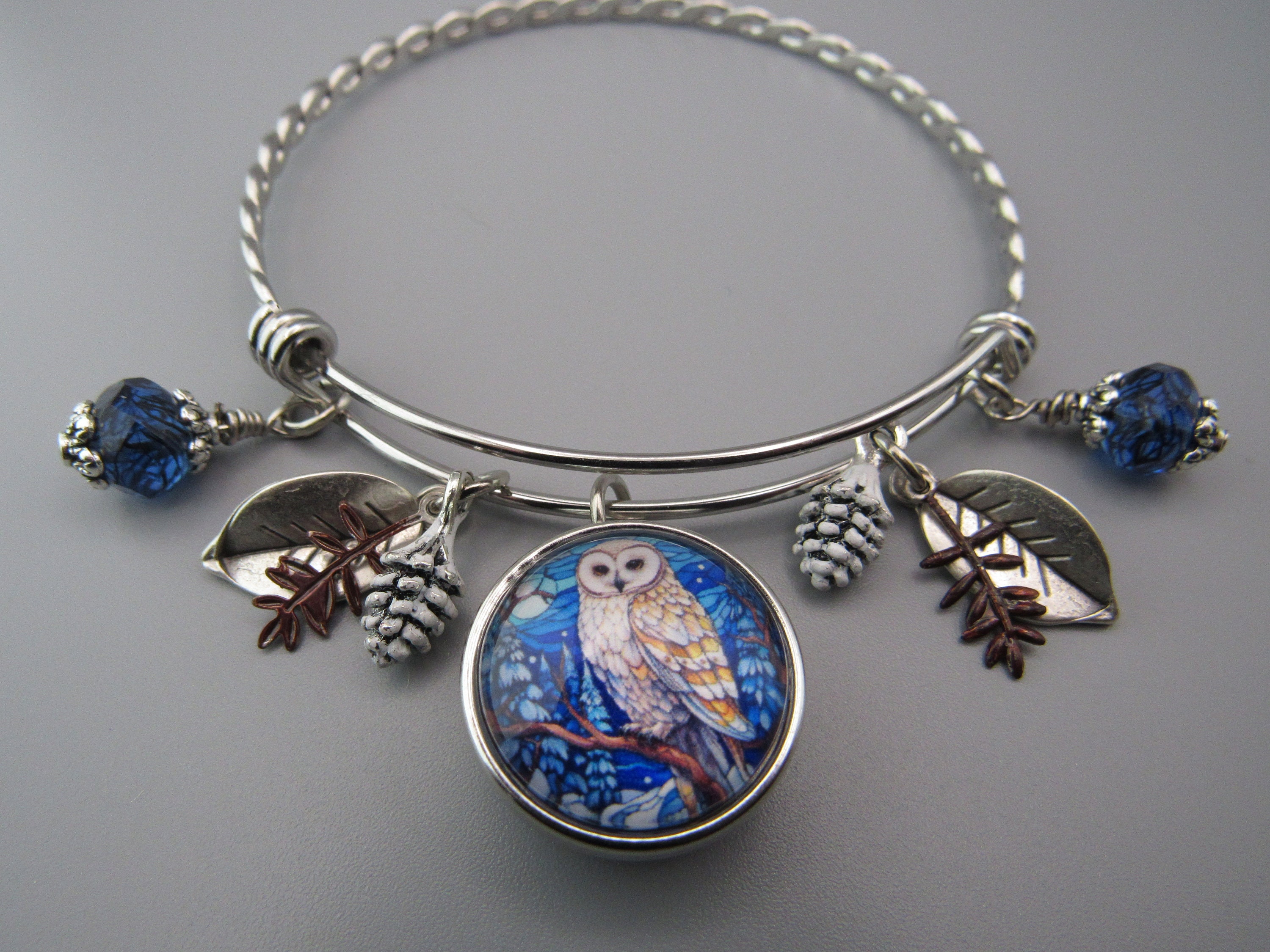 Barn Owl Photo Charm Bangle Bracelet: Stainless Steel, Pinecone & Leaf