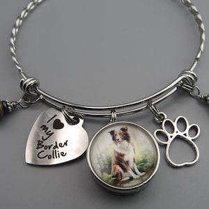 May include: A silver bangle bracelet with charms. The charms include a heart with the text "I love my Border Collie", a paw print, and a round charm with a picture of a Border Collie.